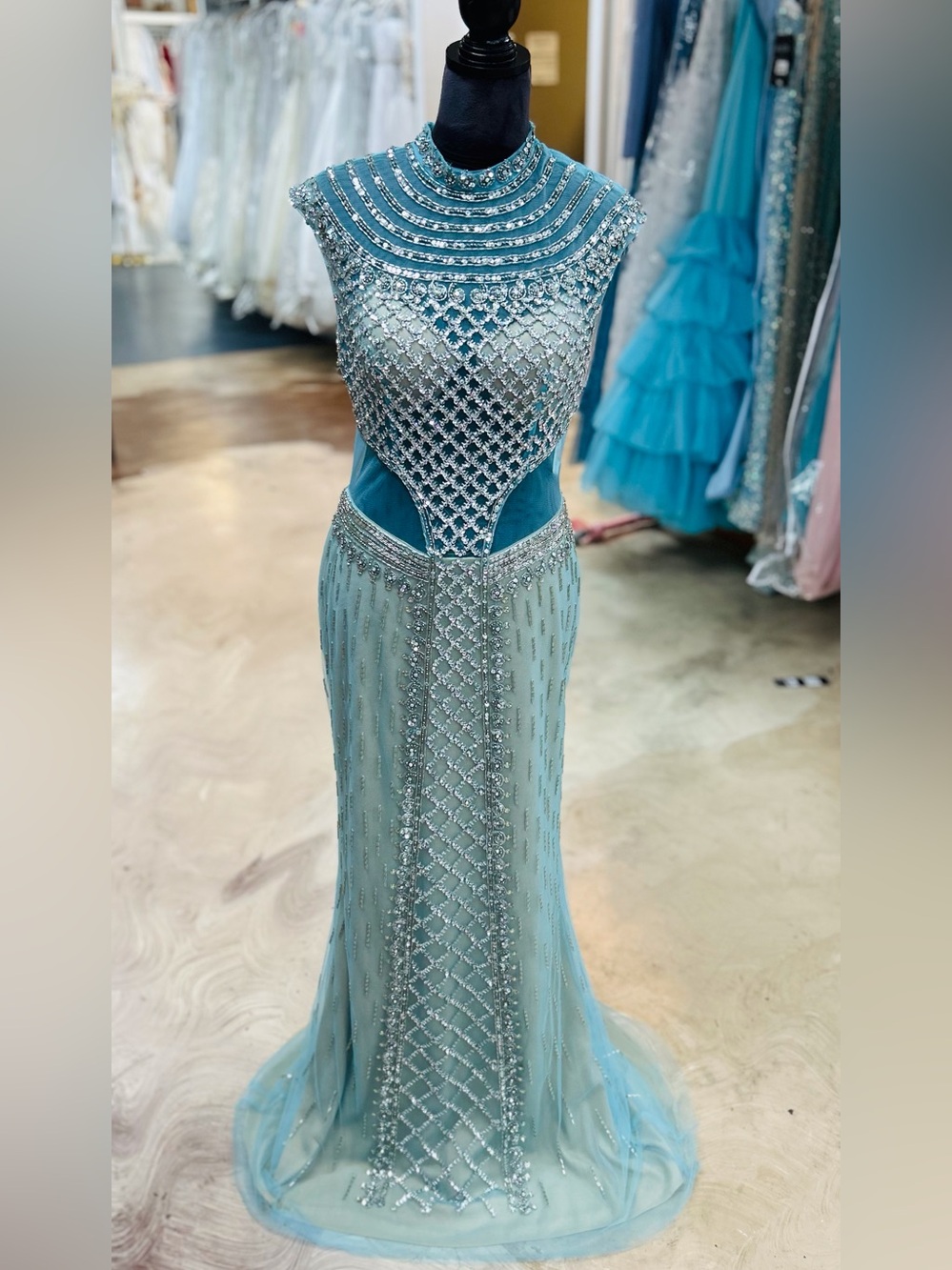 On Running Seafoam Crystal-Embellished High-Neck Prom Dress